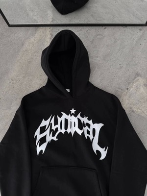 Runique Home Runiquehome Kışlık Kapşonlu Baskılı Oversize Sweatshirt- Siyah