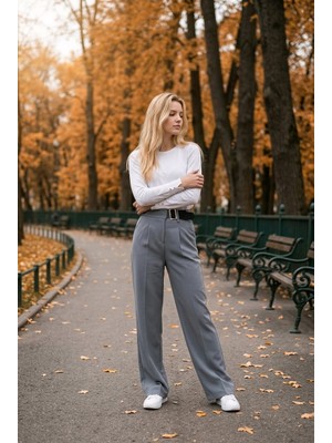 Hies Kadın Double Palazzo Pantolon Kırışmaz Kumaş Yarım Kemer Detaylı