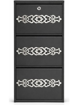 Arinna 3'lü Kilitli Antrasit Gümüş Desenli Metal Ayakkabılık