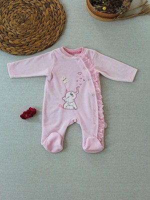 SHC4200 3-6 6-9 9-12 Ay Romantik Fil Nakışlı Pembe Süslü Kız Bebek Tulumu Pembe