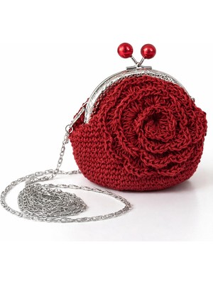 İM&YA El Yapımı Kırmızı Gül Desenli Mini Çanta Kadın Örgü Çanta Zincir Askılı Abiye Cüzdan Metal Klipsli Çanta