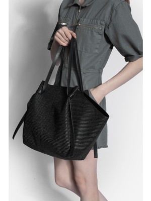 Marjin Kadın Shopper Içi Çantalı Hasır Görünümlü Fermuarlı Omuz Çantası Heniza Siyah Hasır