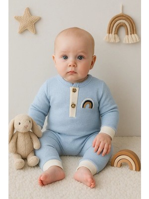 SHC4200 Waffle Gökkuşağı Nakışlı Erkek Bebek Tulumu