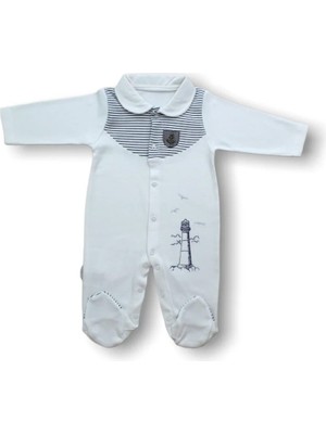 SHC4200 3-6 6-9 Ay Deniz Feneri Nakışlı Patikli Uzun Kollu Erkek Bebek Tulumu Ekru