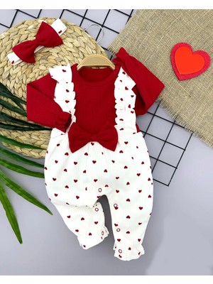 SHC4200 3-6-9-12 Ay Bandanalı Fiyonk Detaylı Spet Görünümlü Desenli 2li Kız Bebek Tulumu Kırmızı
