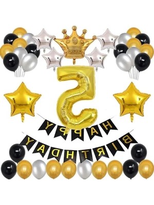 Esranın Dünyası Doğum Günü Seti - Kral Taçlı Gold-Gümüş-Siyah Teması