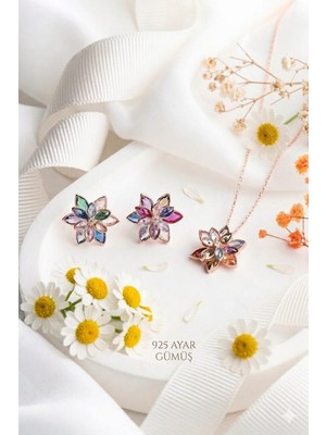 925 Ayar Papatya Silver Renkli Lotus Kolye Küpe Set.rose.gold.rodaj