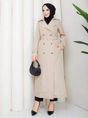 Günay Karaca Ahval Kadın Trençkot Tesettür  Yazlık Astarsız Ince Kruvaze Çift Düğme 1007