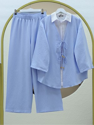 Moda Morfo Önü Çift Bağlamalı Pantolonlu Kimono Takım -Bebe Mavi