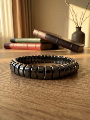 Meneva Aksesuar Hematit Doğal Taş Yuvarlatılmış Blok Kesim Unisex Bileklik