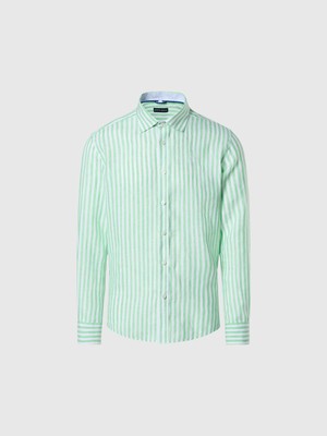 North Sails Regular Fit %100 European Flax Keten Çizgili Nakış Detaylı Geniş Yaka Gömlek