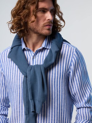 North Sails Regular Fit %100 European Flax Keten Çizgili Nakış Detaylı Geniş Yaka Gömlek