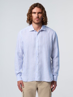 North Sails Regular Fit %100 European Flax Keten Çizgili Nakış Detaylı Geniş Yaka Gömlek
