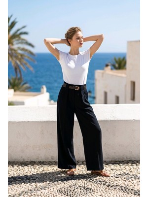 Hies Kadın Double Palazzo Pantolon Kırışmaz Kumaş Köprü Detaylı