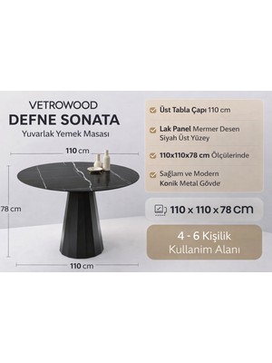 Vetrowood Defne Sonata Yuvarlak Yemek Masası 110X110 cm Lak Panel Sandalyesiz Siyah