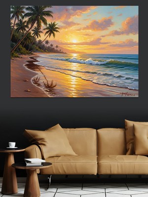 Tablomega Palmiye Sahilinde Tropikal Gün Batımı Dekoratif Kanvas - Mdf Ahşap Tablo