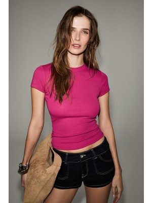 Grimelange Hopewell Kadın Yuvarlak Yaka Örme Slim Fit Fuşya T-Shirt