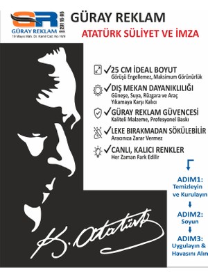 Güray Reklam Atatürk Silüet ve Imza Araç Sticker - Yüksek Kalite Dış Mekan Folyo (25 Cm)