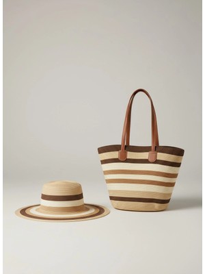 Gullfoss Kadın Çizgili Hasır Çanta ve Şapka Takımı