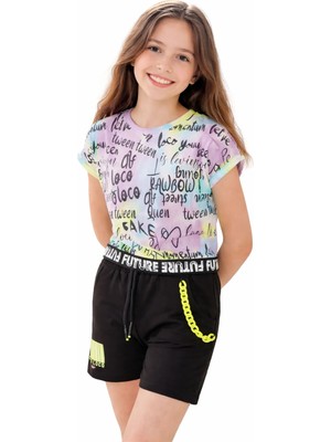 İrem Çocuk Giyim Kız Çocuk Future Yazılı Crop Model Tişört Zincir Detaylı Lila Renk Şortlu Takım