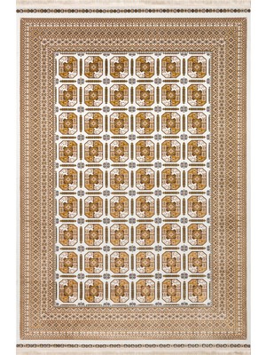 Eko Halı Sateen Afghan SFG02 Bej Afgan Desenlerine Sahip Hav Vermez Yıkanabilir Kaymaz Tabanlı Makine Halısı