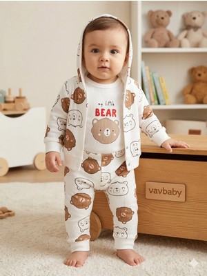 Vavbaby Ayıcık Desenli 3’lü Bebek Takımı - Kapüşonlu Hırka, Zıbın Body ve Alt Pijama Seti