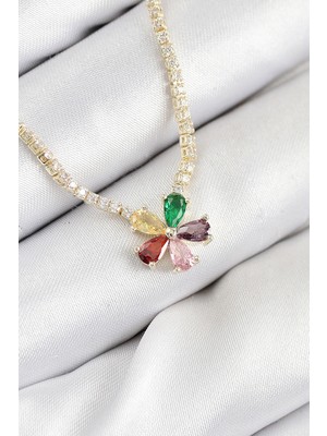 Hayat Store Pirinç Zirkon Taşlı Su Yolu Asorti Çiçek Model Gold Renk Kadın Kolye - Lisinya