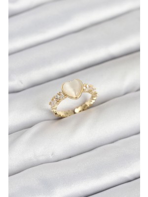 Hayat Store Pirinç Gold Renk Zirkon Taşlı Kalpli Kadın Yüzük - Lisinya