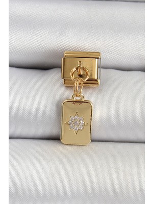 Hayat Store 316L Çelik Sallantılı Zirkon Taşlı Kutup Yıldızı Figürlü Dikdörtgen Model Gold Renk Nomination Charm - Lisinya
