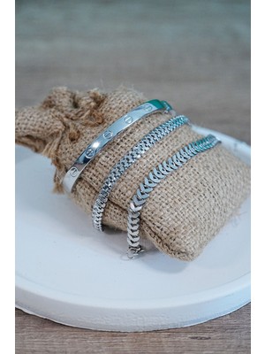 Aksiyon Global Kombin Bileklik Gümüş Kılçık Tırtıl ve Düz Cırt Model 3 Adet Birden