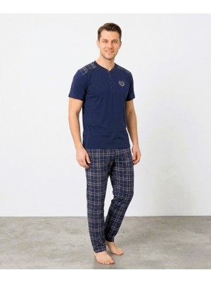 Tarık Erkek Lacivert Ekose Alt Kısa Kollu Üst %100 Pamuk Rahat Kalıp Pijama Takımı