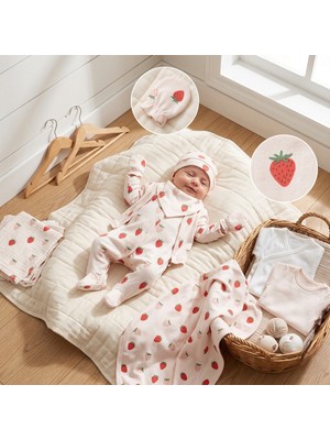 Minik Baby Wear Unisex Kız Bebek Erkek Bebek Kutulu Çilek Desenli Yenidoğan Organik Hastane Çıkışı 10'lu Set