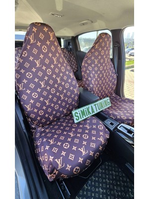 Şimika Lv Desen Kahverengi Servis Kılıfı Ön ve Arka 4parça Takım 1.kalite Penye Likralı Kumaş