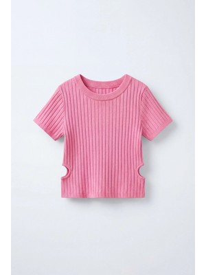 Magu Kız Çocuk Pamuklu Pembe Ribana Kısa Kollu Bluz