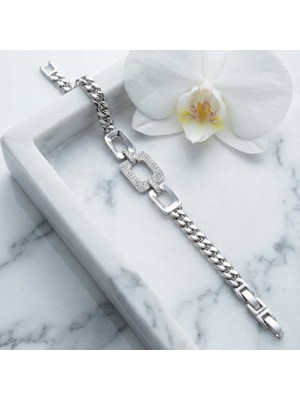 Valmont Accessories Xuping 17+2 cm Ayarlanabilir Taşlı Gümüş Renk Zincirli Taşlı Kadın Çelik Bileklik