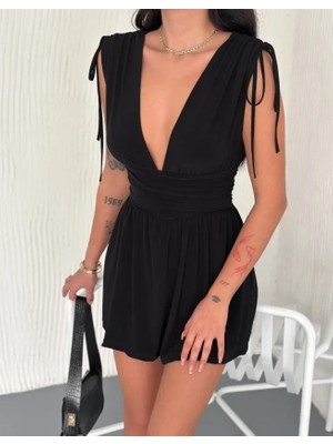 Veralya Moda Derin V Yaka Etek Görünümlü Şortlu Elbise Drapeli Mini Yazlık - Siyah