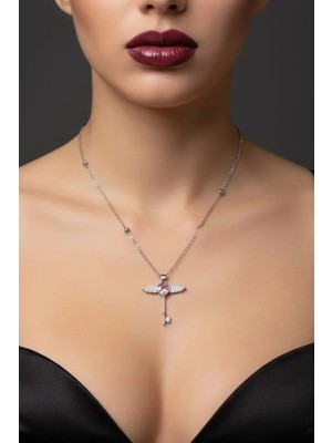 Gümüş Renk Pembe Taş Kanat Anahtar Model Çelik Kolye