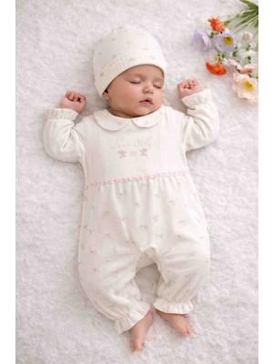 By Bubbles Organik Kumaşlı Çiçek Nakışlı Kız Bebek Tulum Şapka 2'li Takım