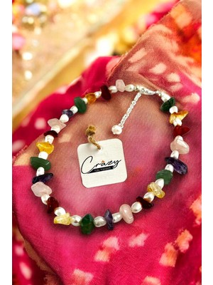 Crazy Takı Tasarım Kültür Incisi-Ametist-Sitrin-Pembe Kuvars-Akik-Avanturin Doğaltaşlı 925 Ayar Gümüş Kadın Kolye