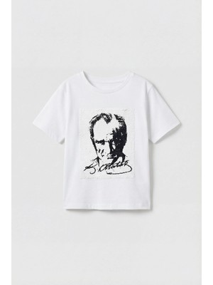 Magu Unisex Çocuk Pamuklu Beyaz Atatürk Desenli T-Shirt