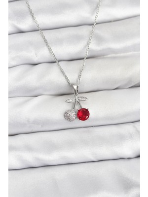 Hayat Store 316L Çelik Zincir Gümüş Renk Kiraz Model Zirkon Taşlı Kadın Kolye - Lisinya