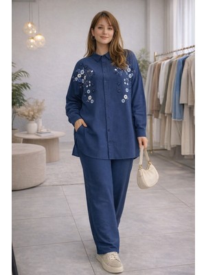 Zg Fashion Kadın Keten Nakış Detaylı Lacivert Oversize Gömlek Pantolon Takım