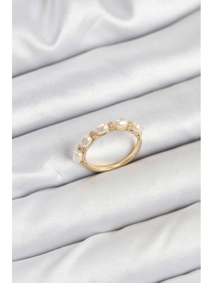 Hayat Store Pirinç Gold Renk Sıralı Incili Kadın Yüzük - Lisinya