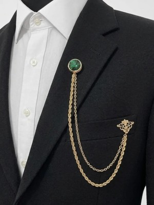 Gold Renk Yeşil Taşlı Ceket & Damatlık & Blazer Zincirli Yaka Aksesuarı
