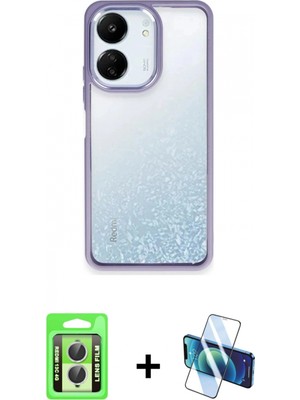 İlk El Grup Ieg™ Redmi 13C Kılıf Nova Işık Serisi - Siyah 3D Antistatik Cam Ekran Koruyucu + Gümüş Raze Metal Kamera Lens