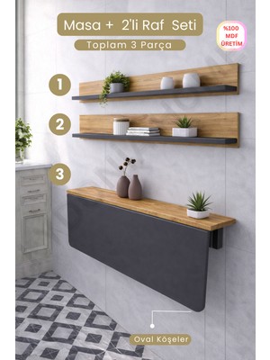 Kydonia Home 60X110 cm Katlanır Duvara Monte Masa ve 2 Adet Raf Seti Oval Köşeli Mdf Çift Renkli