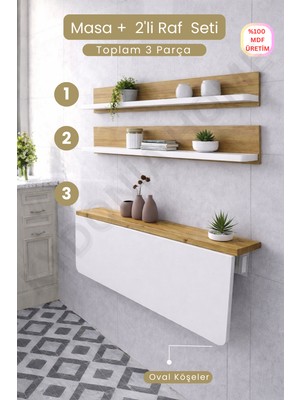 Kydonia Home 60X90 Katlanır Duvara Monte Masa ve 2 Adet 15X90 Raf Seti Oval Köşeli Mdf Çift Renk