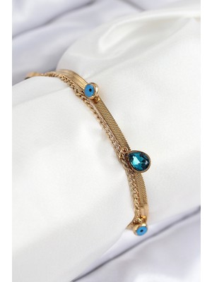 Hayat Store 316L Çelik Nazar Boncuk Detaylı Mavi Zirkon Taşlı Model Italyan Zincir Gold Renk Kadın Bileklik - Lisinya