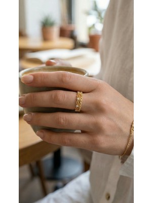 Hayat Store Gold Renk Motif Desenli Zirkon Taşlı Kadın Yüzük - Lisinya