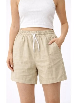 İlk El Grup Ieg™ Keten Kumaş Cepli Rahat Kesim Bel Lastikli Şort - Bej
